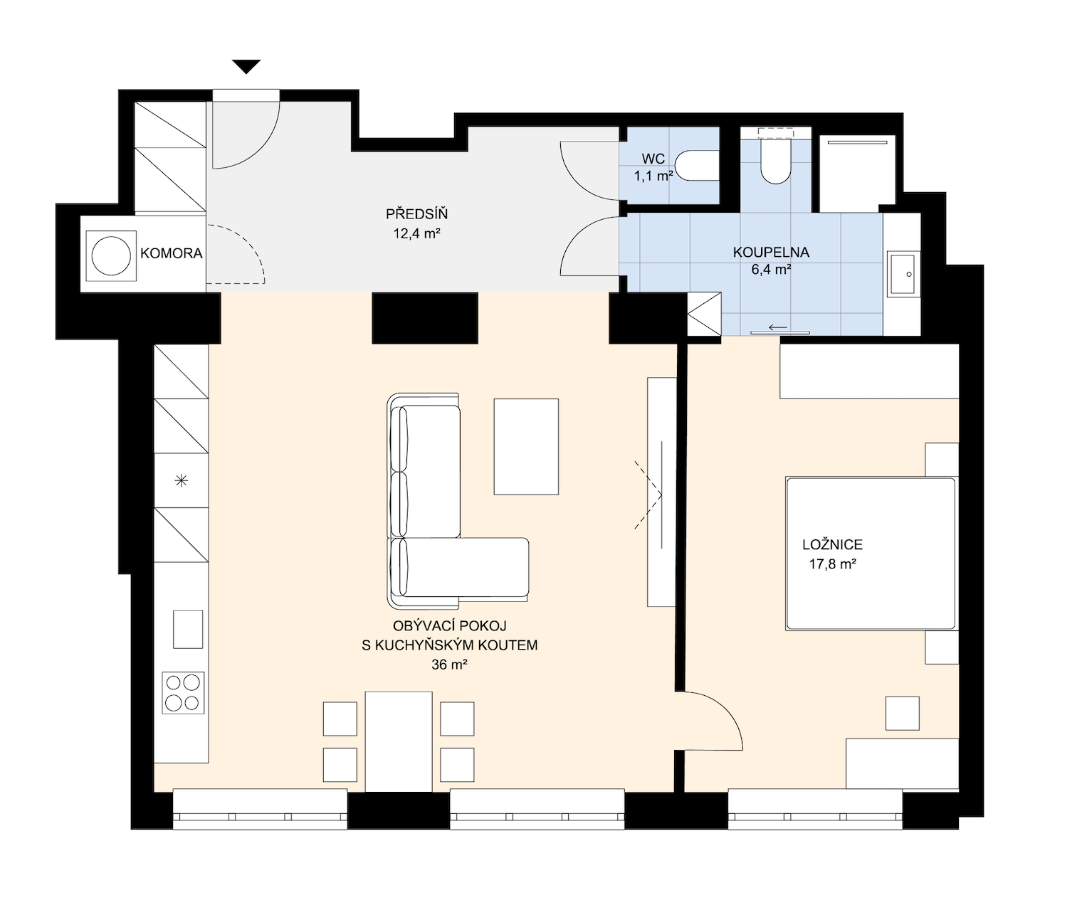 Půdorys bytu 2+kk – obývací pokoj s kuchyňským koutem 36 m², ložnice 17,8 m², předsíň 12,4 m², koupelna 6,4 m², WC 1,1 m², komora